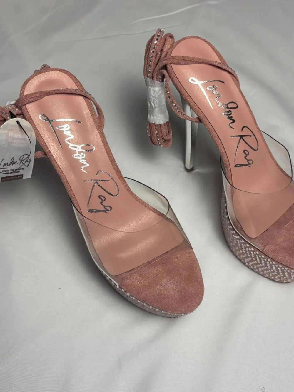 London Rag Pink Rhinestone Platform Clear Strap Stiletto Heels | Size US 7 NWT